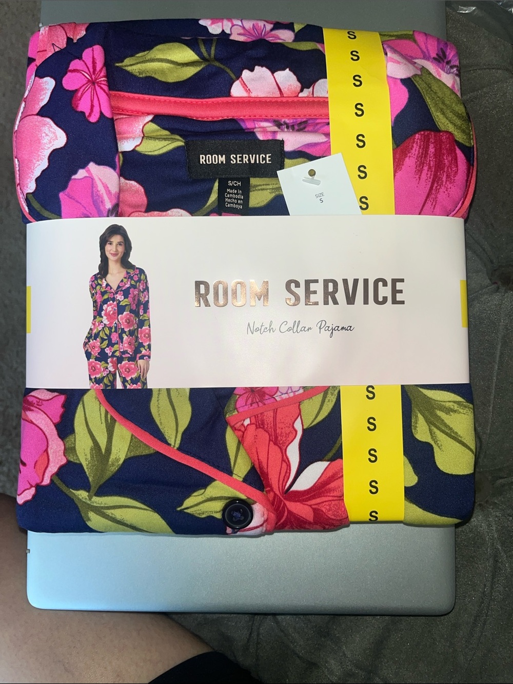 Room Service Women's Notch Collar Pajama Set in Navy with Pink & Green Floral